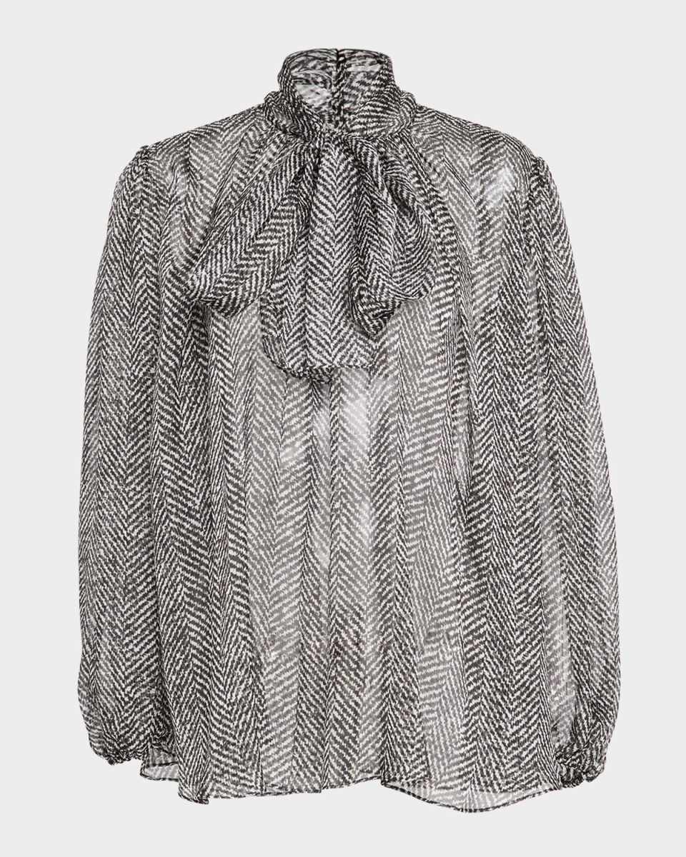 Chevron Chiffon Neck-Tie Blouse